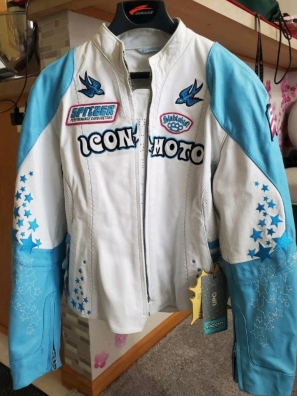 ICON White and Light Blue Kids' Moto Jacket with Star Accents